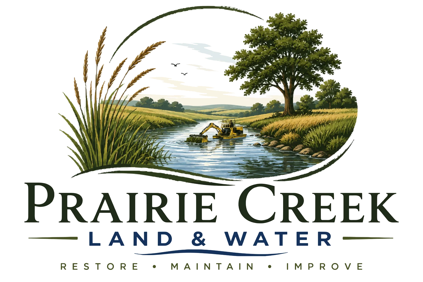 Prairie Creek Land & Water logo: a workboat clearing vegetation from a creek running through prairie grass